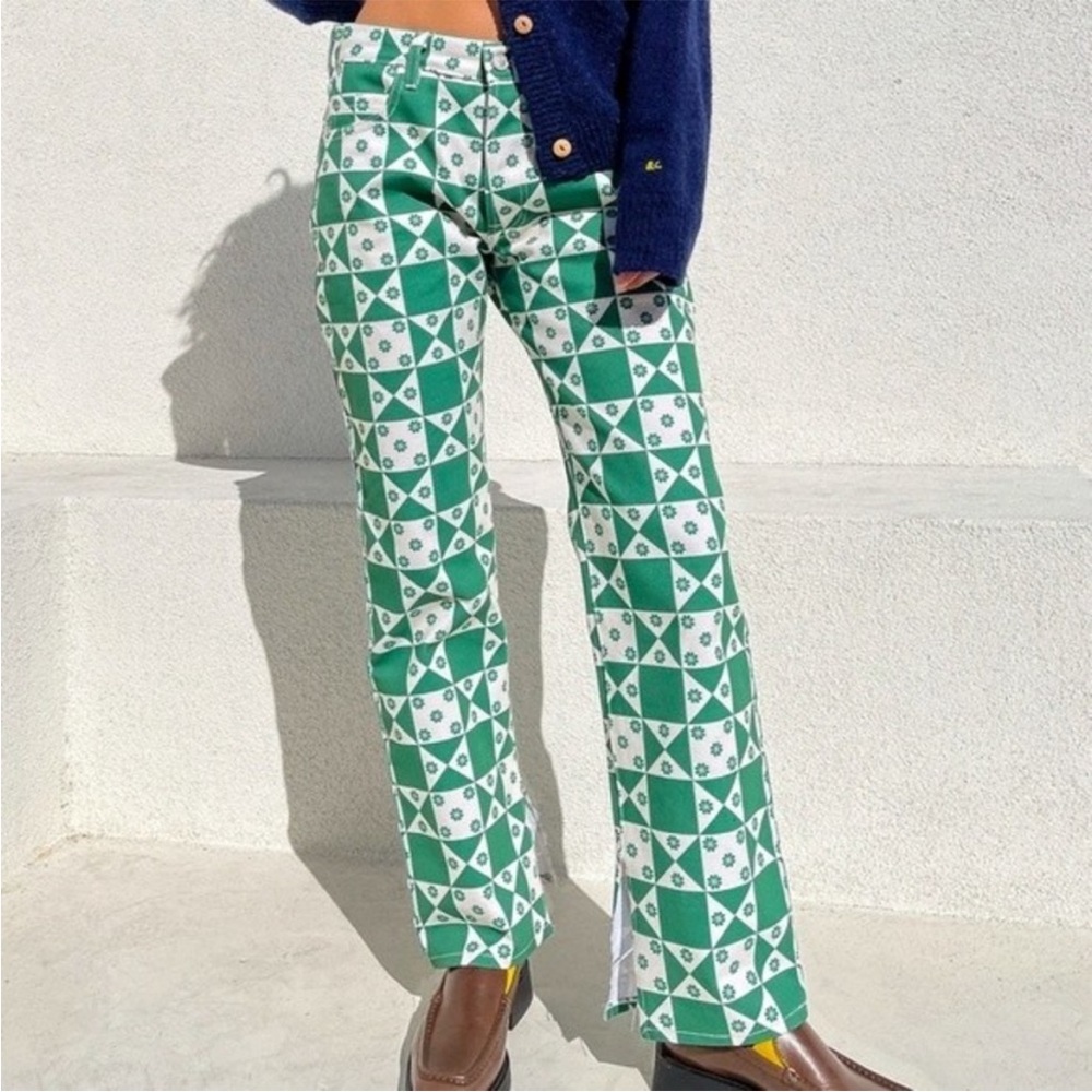 Lisa Says Gah Ellis Wide Leg Jean Floral Quilt Pattern Boonville Green Size 10